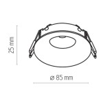 Czarna oprawa sufitowa do zabudowy Eye IP44, o średnicy 85 mm i wysokości 25 mm, z widocznymi uchwytami montażowymi. Produkt ma minimalistyczny, okrągły kształt, idealny do zastosowań w różnych wnętrzach.
