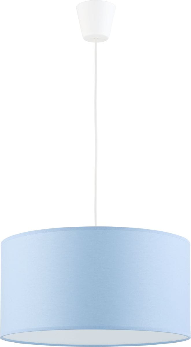 Niebieska lampa wisząca Rondo Kids o okrągłym abażurze z materiału, zawieszona na białym przewodzie. Abażur ma gładką fakturę i jest umieszczony w dolnej części zdjęcia, a sufitowa mocowanie jest widoczne na górze.