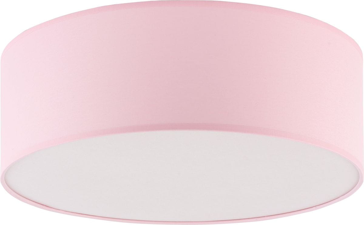 Rondo Kids plafon 2-punktowy w kolorze różowym. Okrągła lampa z materiałowym kloszem, zamontowana na suficie. Gładka faktura, neutralne białe dno. Idealna do pokoju dziecięcego.