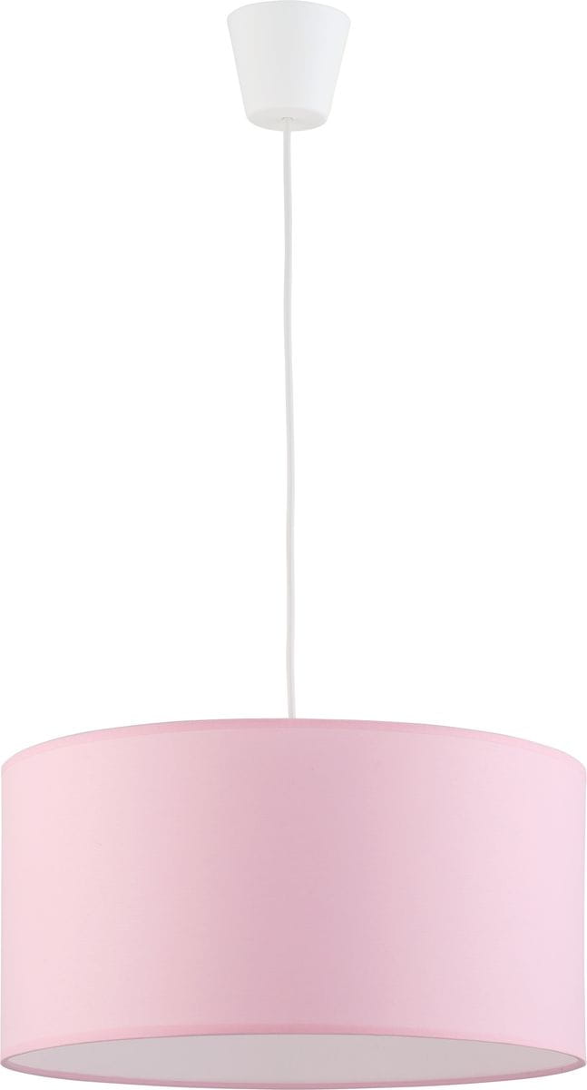 Rondo Kids lampa wisząca 1-punktowa w kolorze różowym z okrągłym abażurem. Zawieszona na białym przewodzie, montowana na suficie. Prosta, cylindryczna forma, idealna do dziecięcego pokoju.