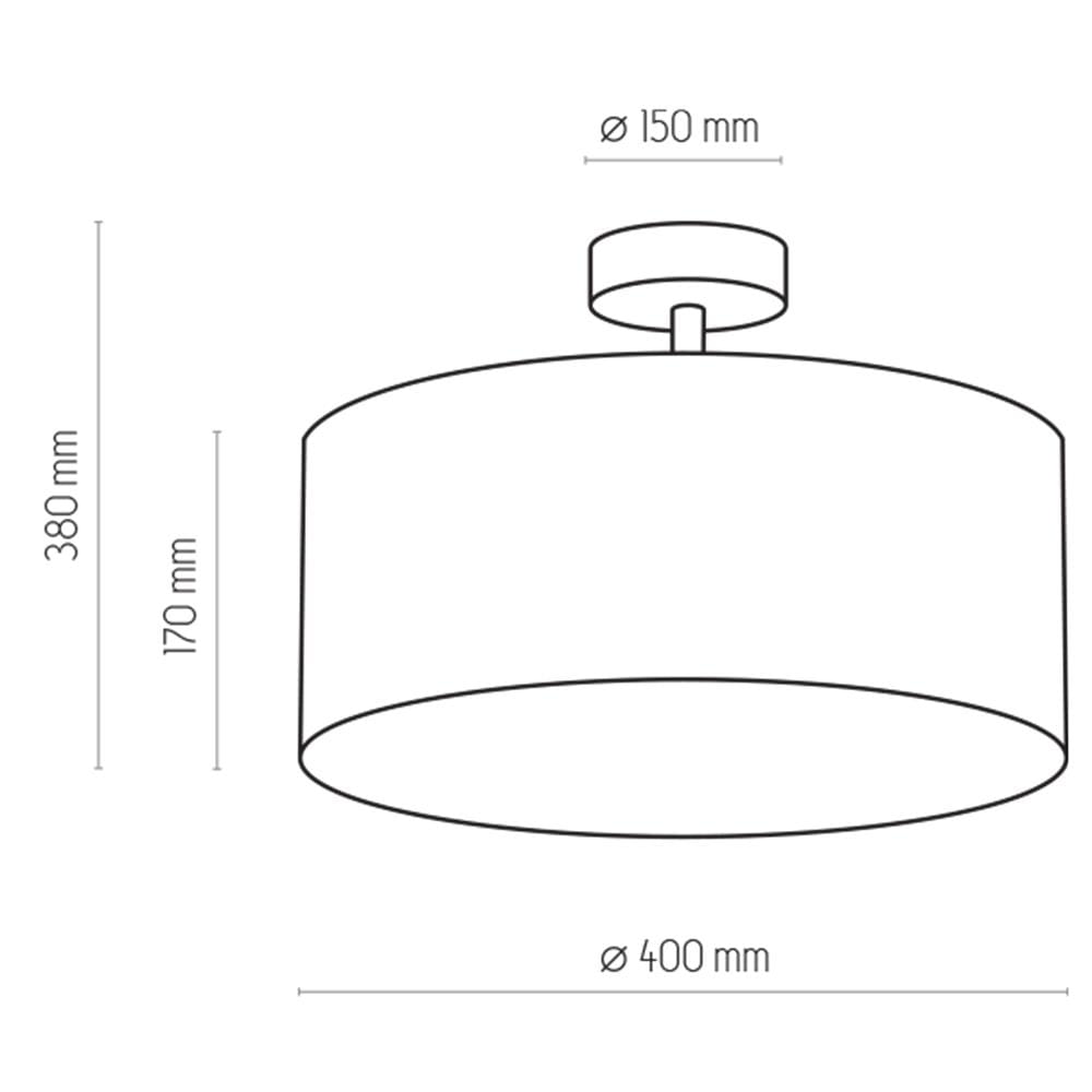 Lampa sufitowa Rondo D40, 4-punktowa, szara. Okrągły klosz o średnicy 400 mm i wysokości 170 mm, zamontowany na stropie, z widocznym mocowaniem. Wysokość całkowita 380 mm. Prosty, minimalistyczny design.