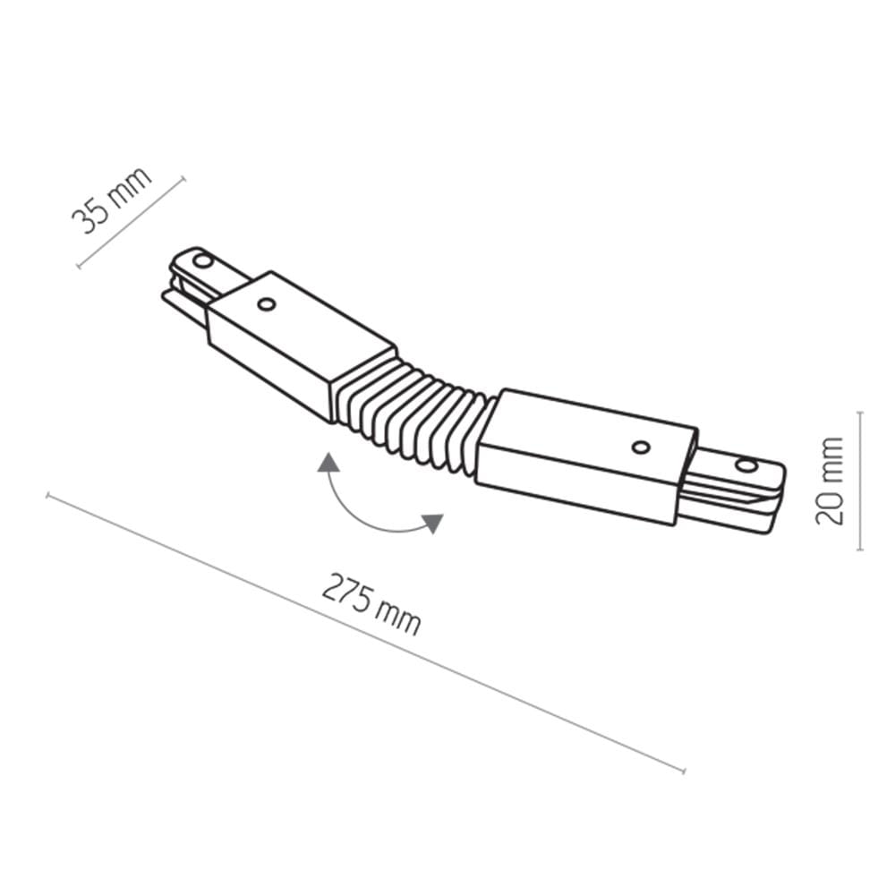Złącze elastyczne Tracer do prowadnicy szyny w kolorze białym, o wymiarach 275 mm długości, 35 mm szerokości i 20 mm wysokości. Produkt z giętkim połączeniem, umożliwiającym łatwe dopasowanie w instalacji.