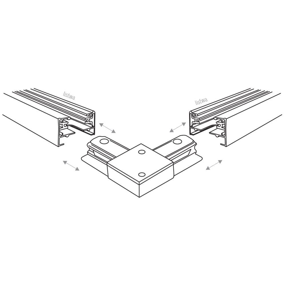 Złącze kątowe Tracer 4070 do prowadnicy szyny w kolorze czarnym, pokazujące połączenie dwóch szyn pod kątem. Element umieszczony centralnie, z widocznymi otworami na mocowanie. W tle linie szyn prowadzących, w układzie równoległym.