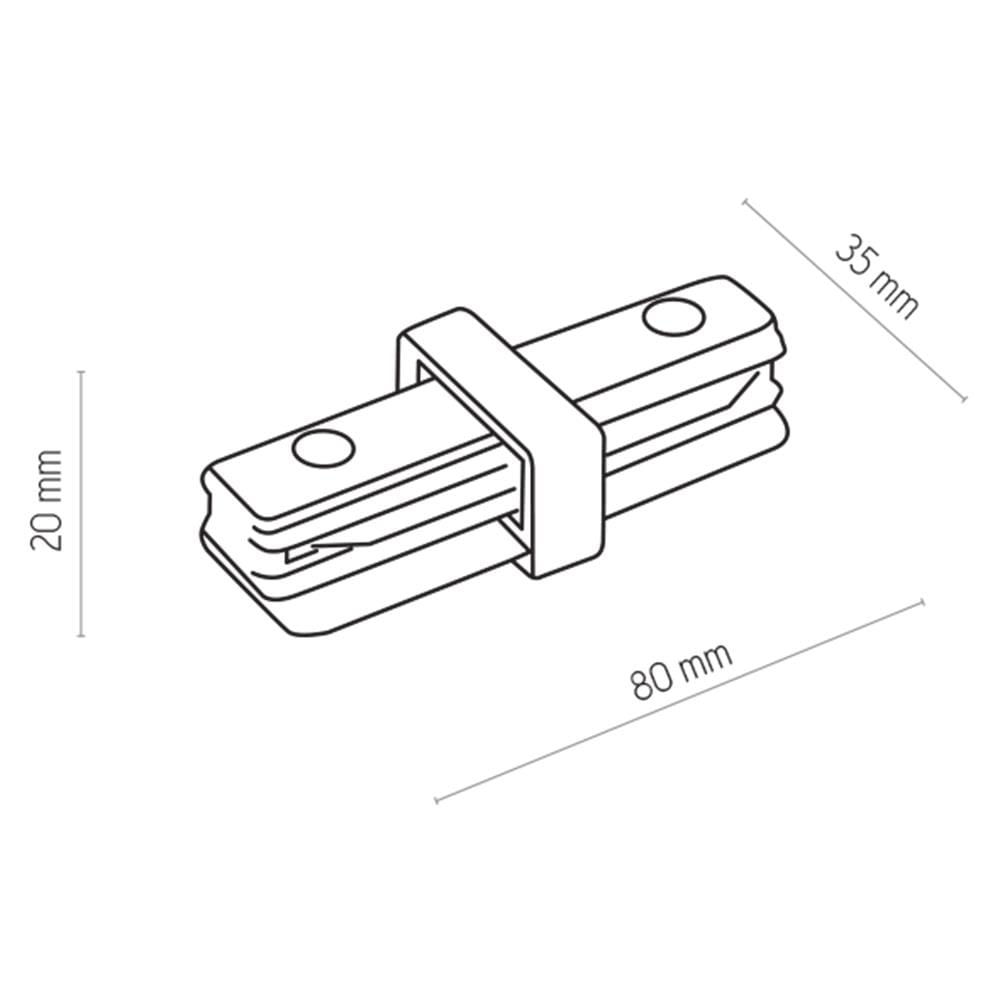 Złącze proste Tracer do prowadnicy szyny w kolorze czarnym, o wymiarach 80 mm długości, 35 mm szerokości i 20 mm wysokości. Produkt z metalowymi elementami mocującymi, przeznaczony do łączenia szyn.