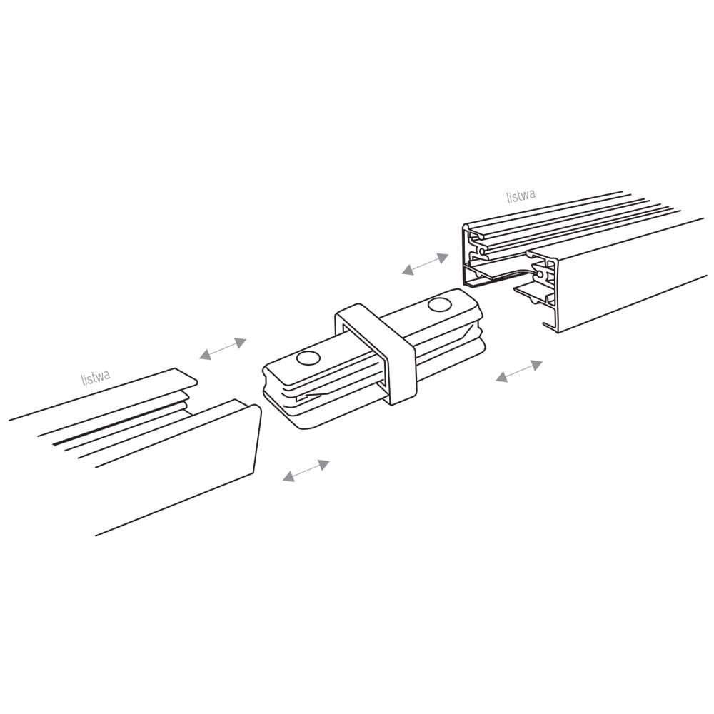 Złącze proste Tracer do prowadnicy szyny w kolorze czarnym. Produkt umieszczony centralnie między dwoma szynami, z widocznymi elementami mocującymi. Złącze ma prostokątny kształt z dwoma otworami na końcach oraz detalami technicznymi.