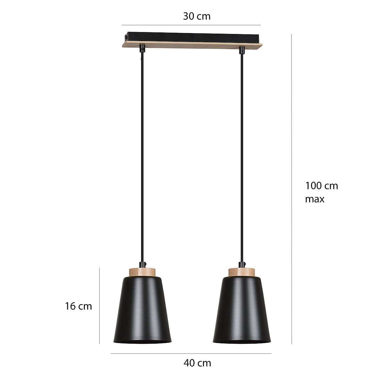 Lampa wisząca Bolero 2-punktowa, czarna, składająca się z dwóch kloszy o kształcie stożkowym. Wymiary: szerokość 30 cm, wysokość max 100 cm, klosze o średnicy 40 cm i wysokości 16 cm. Metalowe elementy z drewnianymi detalami.