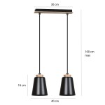 Lampa wisząca Bolero 2-punktowa, czarna, składająca się z dwóch kloszy o kształcie stożkowym. Wymiary: szerokość 30 cm, wysokość max 100 cm, klosze o średnicy 40 cm i wysokości 16 cm. Metalowe elementy z drewnianymi detalami.
