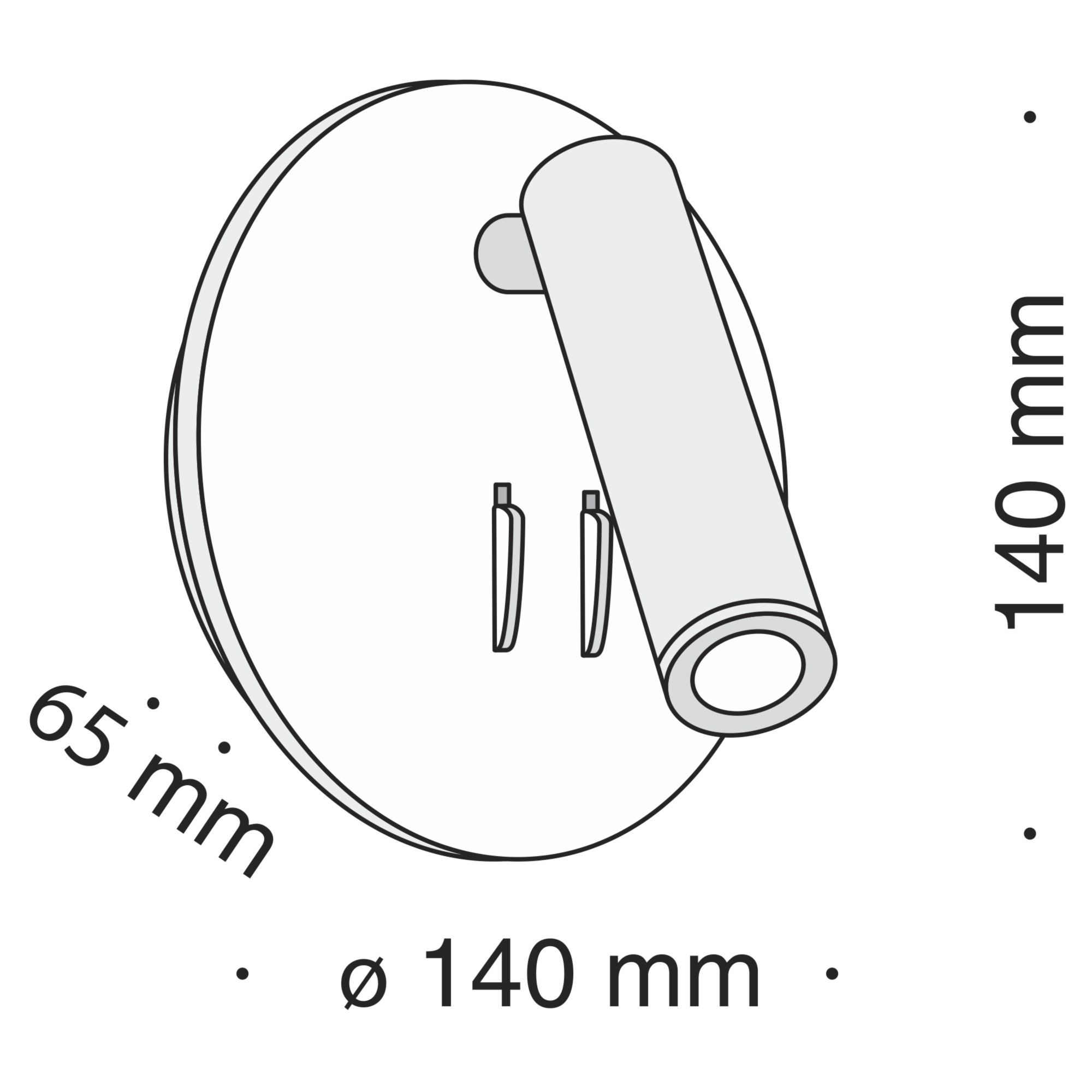 Biały kinkiet LED Ios 176 z dwoma punktami świetlnymi. Okrągła podstawa o średnicy 140 mm i wysokości 65 mm. Lampa w kształcie walca, zamontowana na ścianie, skierowana na zewnątrz.