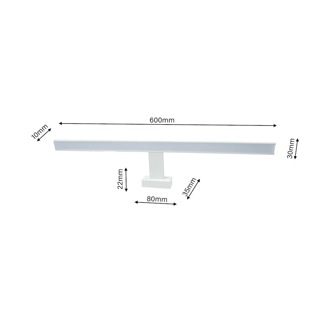 Biały kinkiet LED Shine IP44, 1-punktowy, o wymiarach 600 mm x 10 mm x 30 mm, z prostokątną podstawą 80 mm x 35 mm, w minimalistycznym designie. Oświetlenie przeznaczone do wnętrz, odporne na wilgoć.