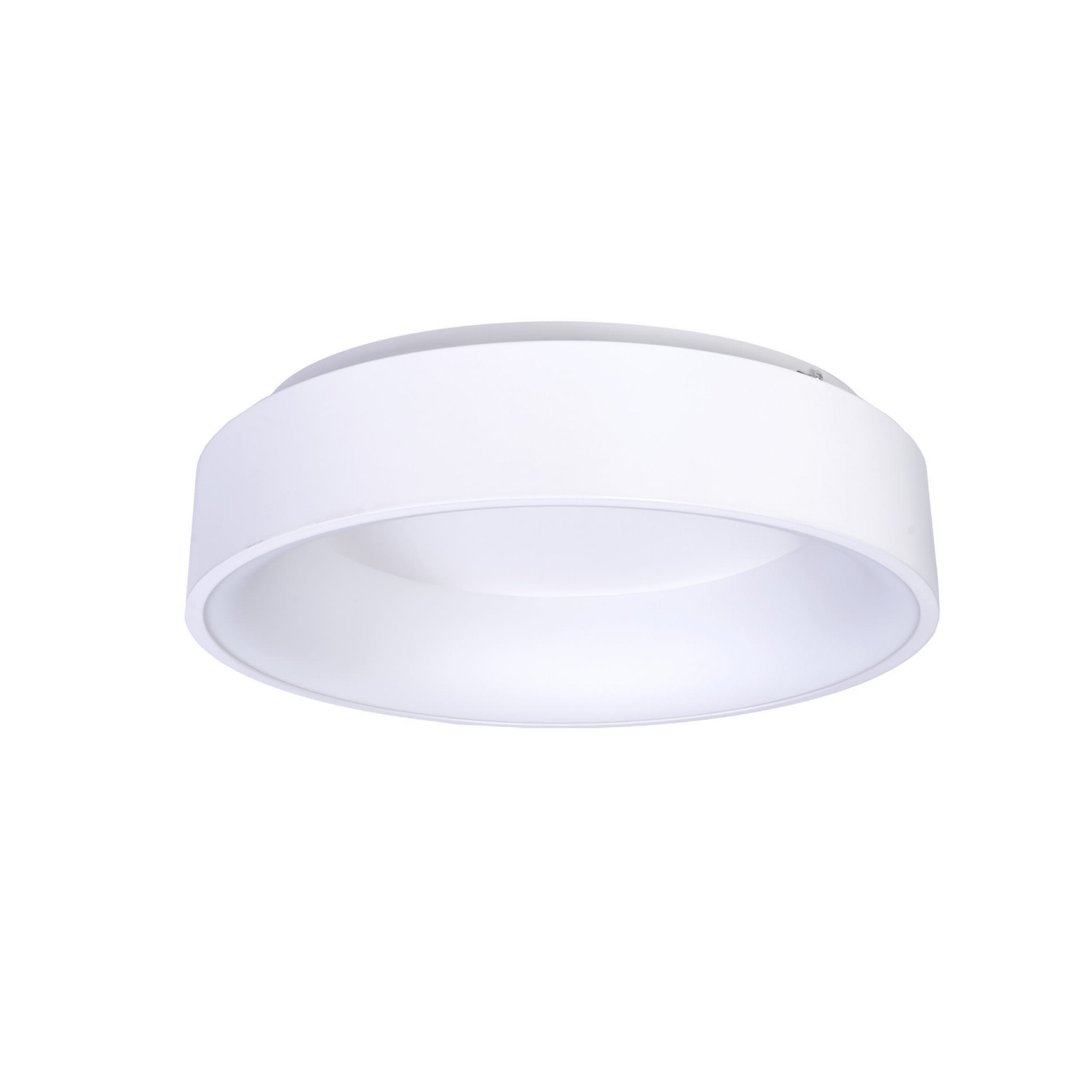 Plafon LED Ohio D45 w kolorze białym, okrągły, z matowym wykończeniem. Produkt wiszący, z zaokrąglonym krawędziami, emitujący jasne światło. Zainstalowany pod sufitem, idealny do nowoczesnych wnętrz.