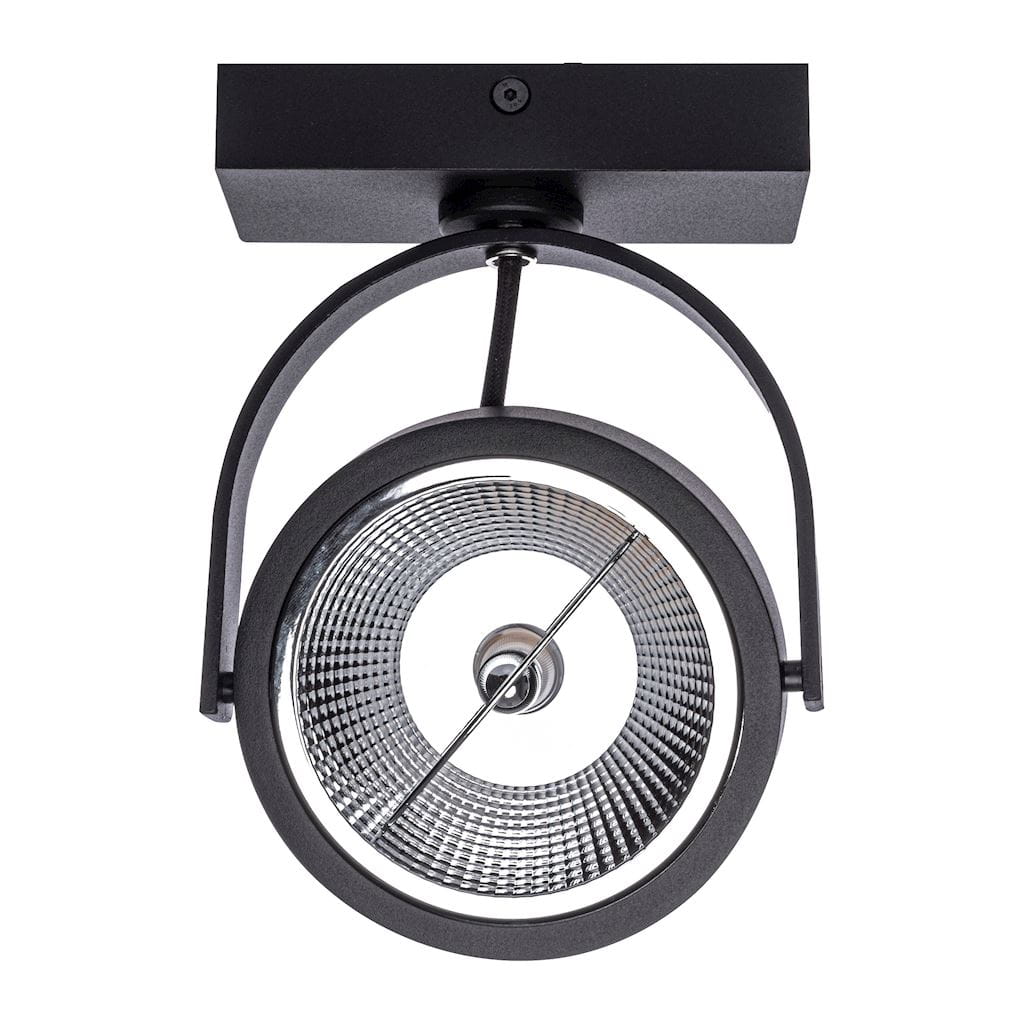 Czarna lampa sufitowa (spot) 1-punktowa Lugar ML5704, z metalowym kloszem o okrągłym kształcie, z wyraźnym wzorem wewnętrznym. Ujęcie z góry, montowana na suficie. Prosta konstrukcja, bez widocznych napisów czy logo.