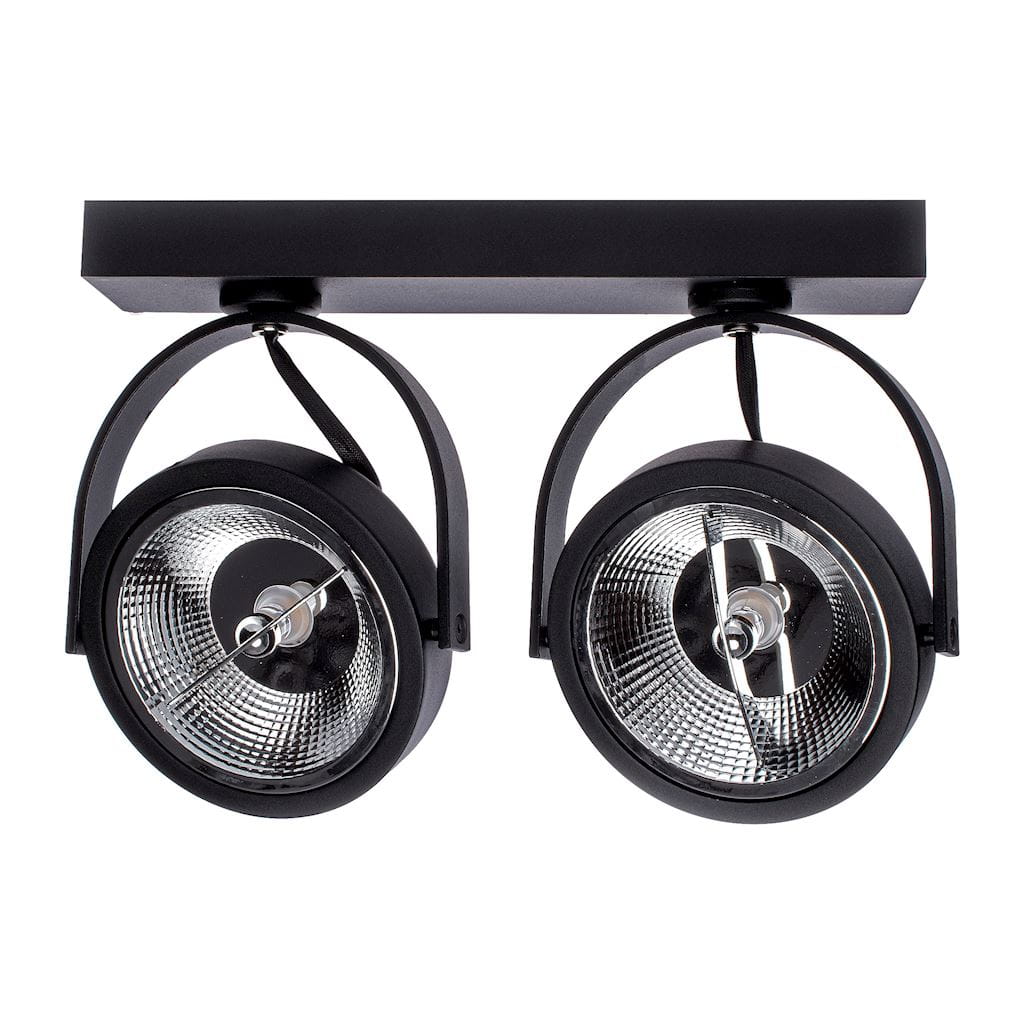 Czarna lampa sufitowa (spot) 2-punktowa Lugar ML5706 z metalową konstrukcją. Oświetlenie składa się z dwóch okrągłych reflektorów zawieszonych na prostokątnej podstawie. Reflektory mają chromowane wnętrze i możliwość regulacji kąta padania światła.