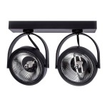 Czarna lampa sufitowa (spot) 2-punktowa Lugar ML5706 z metalową konstrukcją. Oświetlenie składa się z dwóch okrągłych reflektorów zawieszonych na prostokątnej podstawie. Reflektory mają chromowane wnętrze i możliwość regulacji kąta padania światła.