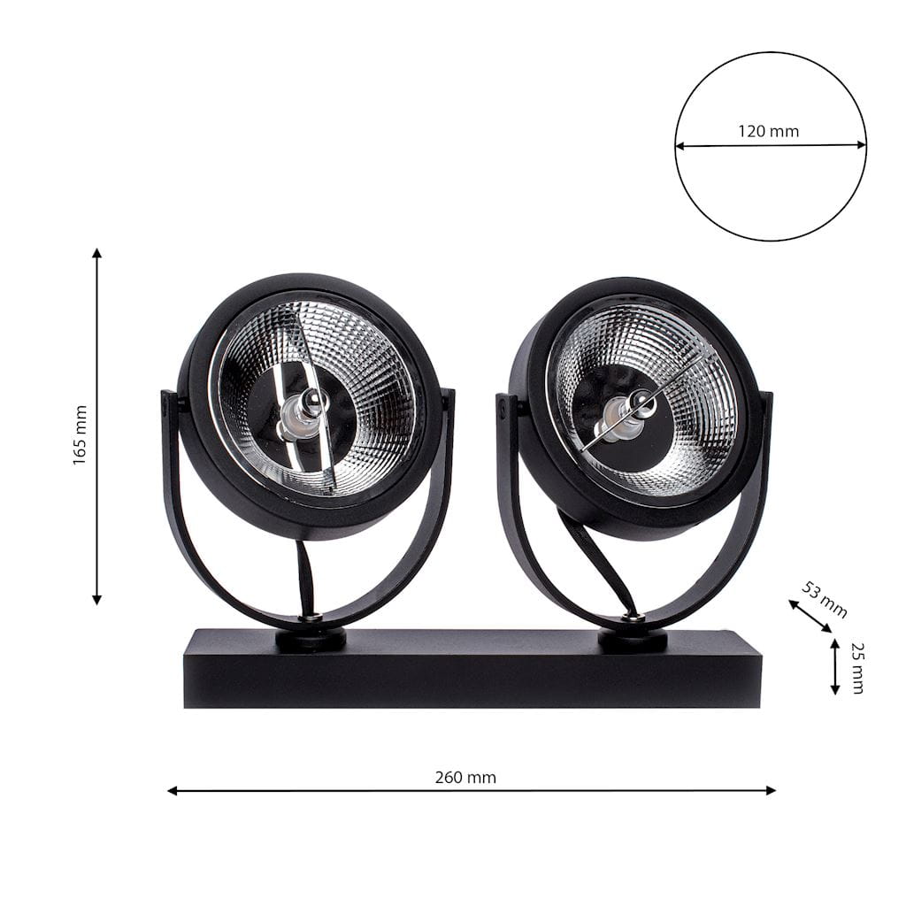 Lampa sufitowa Lugar 2-punktowa w kolorze czarnym, z okrągłymi reflektorami. Wymiary: 260 mm szerokości, 165 mm wysokości, 53 mm głębokości. Ułożona na prostej podstawie, z regulowanymi lampami, idealna do oświetlenia wnętrz.