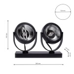 Lampa sufitowa Lugar 2-punktowa w kolorze czarnym, z okrągłymi reflektorami. Wymiary: 260 mm szerokości, 165 mm wysokości, 53 mm głębokości. Ułożona na prostej podstawie, z regulowanymi lampami, idealna do oświetlenia wnętrz.