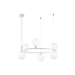 Lampa wisząca Ring 6-punktowa w kolorze białym. Okrągła konstrukcja z sześcioma matowymi kulami, zawieszona na cienkich linkach. Prosty, nowoczesny design, idealna do różnych wnętrz. Montowana na suficie.