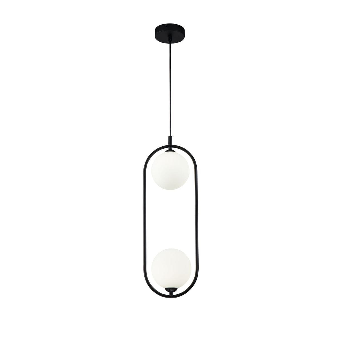 Czarna lampa wisząca Ring z dwoma białymi, okrągłymi kloszami, zawieszona na cienkim przewodzie. Okrągła podsufitka w kolorze czarnym. Minimalistyczny design, idealna do nowoczesnych wnętrz.