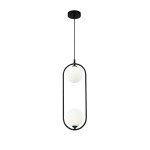 Czarna lampa wisząca Ring z dwoma białymi, okrągłymi kloszami, zawieszona na cienkim przewodzie. Okrągła podsufitka w kolorze czarnym. Minimalistyczny design, idealna do nowoczesnych wnętrz.