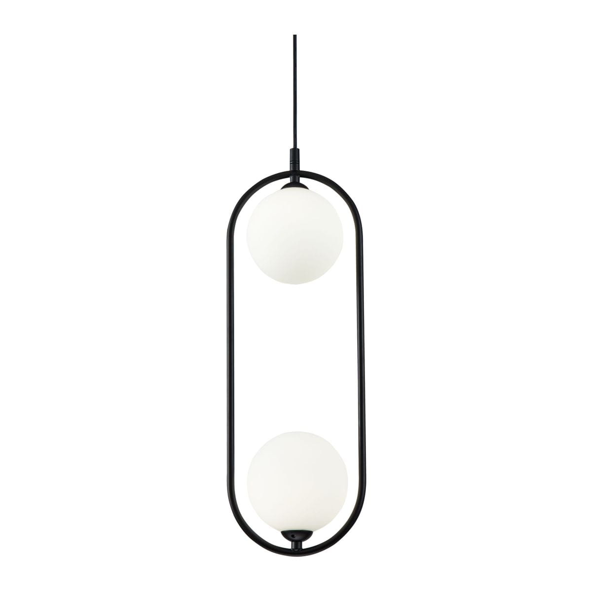 Lampa wisząca Ring 2-punktowa w kolorze czarnym z metalową ramą, zawieszona na cienkim kablu. Posiada dwa okrągłe klosze w kolorze białym, umieszczone w pionie, w nowoczesnym stylu. Idealna do minimalistycznych wnętrz.