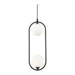 Lampa wisząca Ring 2-punktowa w kolorze czarnym z metalową ramą, zawieszona na cienkim kablu. Posiada dwa okrągłe klosze w kolorze białym, umieszczone w pionie, w nowoczesnym stylu. Idealna do minimalistycznych wnętrz.