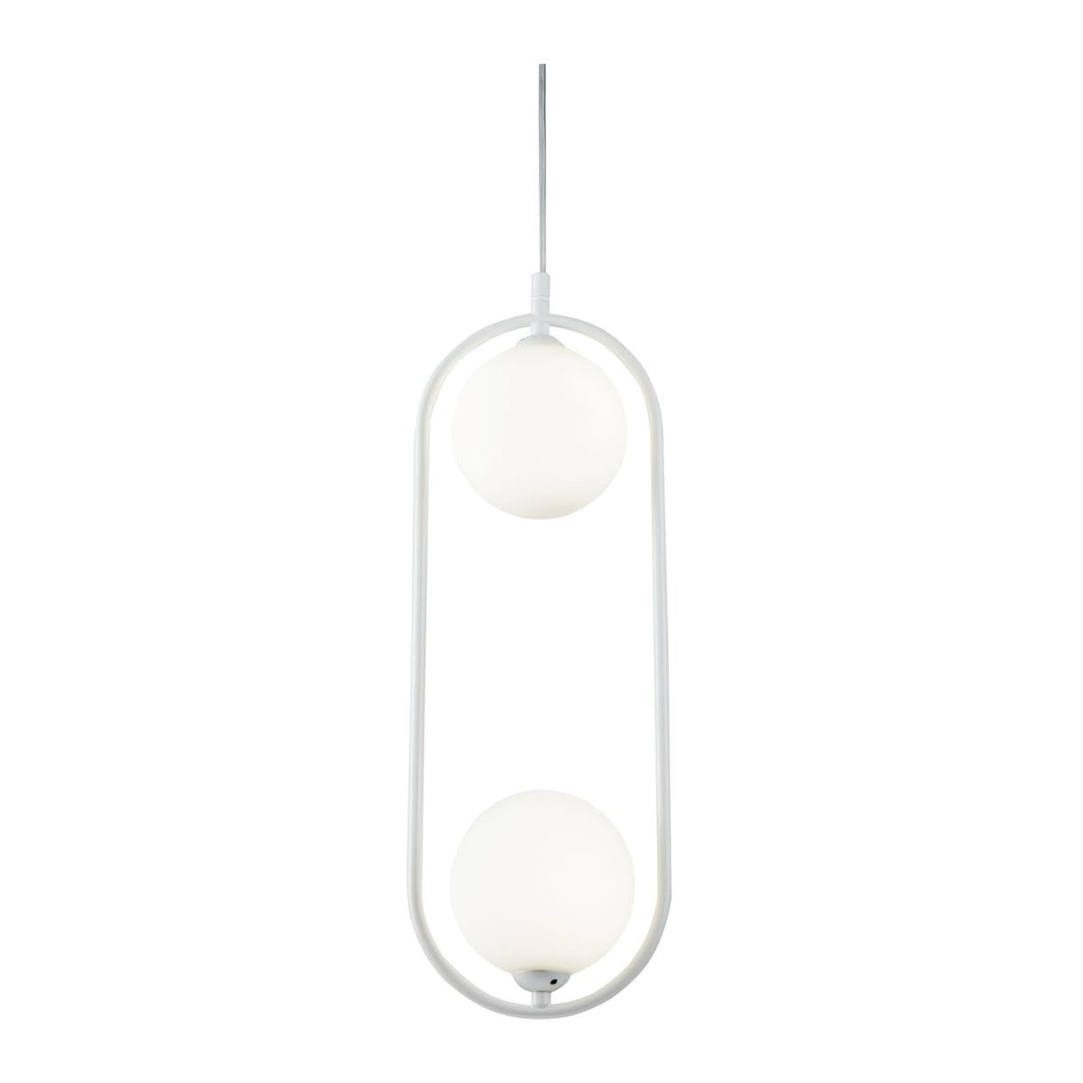 Lampa wisząca Ring 2-punktowa w kolorze białym, z dwiema okrągłymi, matowymi kulami. Ułożona pionowo, zawieszona na białym przewodzie, z minimalistyczną, prostokątną ramą. Idealna do nowoczesnych wnętrz.