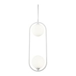 Lampa wisząca Ring 2-punktowa w kolorze białym, z dwiema okrągłymi, matowymi kulami. Ułożona pionowo, zawieszona na białym przewodzie, z minimalistyczną, prostokątną ramą. Idealna do nowoczesnych wnętrz.