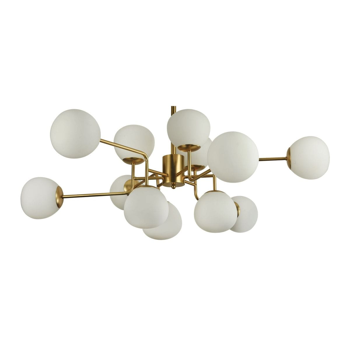 Lampa wisząca Erich 12-punktowa w kolorze mosiądzu. Posiada 12 białych, okrągłych kloszy z matowego szkła, rozstawionych na metalowych ramionach. Ujęcie z góry, pokazujące całą konstrukcję i detale połączeń.