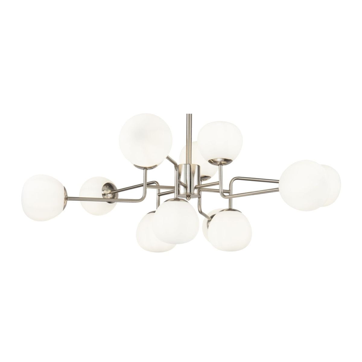 Lampa wisząca Erich 12-punktowa w kolorze niklowym. Posiada osiem białych, okrągłych kloszy umieszczonych na metalowych ramionach. Ujęcie z góry, ukazujące elegancki design i nowoczesną formę. Idealna do dużych przestrzeni.