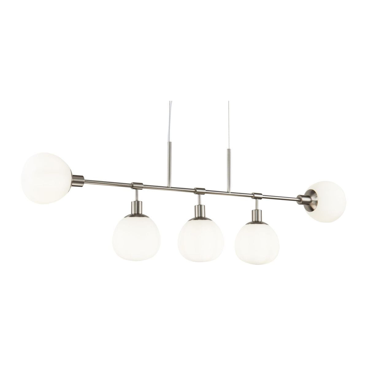 Lampa wisząca Erich 5-punktowa w kolorze niklowym z pięcioma okrągłymi kloszami z matowego szkła. Ułożona poziomo, z przezroczystymi przewodami, stylowy design, idealna do nowoczesnych wnętrz.