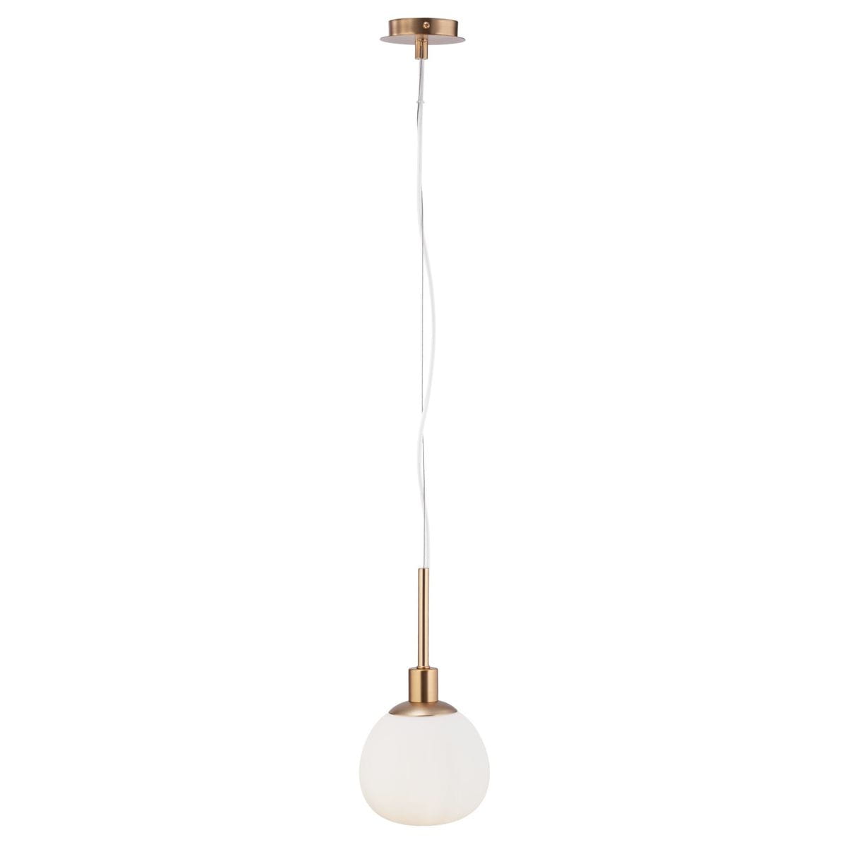 Lampa wisząca Erich 1-punktowa w kolorze mosiądzu. Okrągły klosz z białego, matowego szkła zawieszony na białym przewodzie. Wysoka, smukła konstrukcja z metalowym wykończeniem, zamontowana na okrągłej podsufitce.