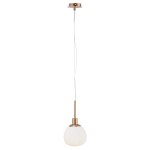Lampa wisząca Erich 1-punktowa w kolorze mosiądzu. Okrągły klosz z białego, matowego szkła zawieszony na białym przewodzie. Wysoka, smukła konstrukcja z metalowym wykończeniem, zamontowana na okrągłej podsufitce.