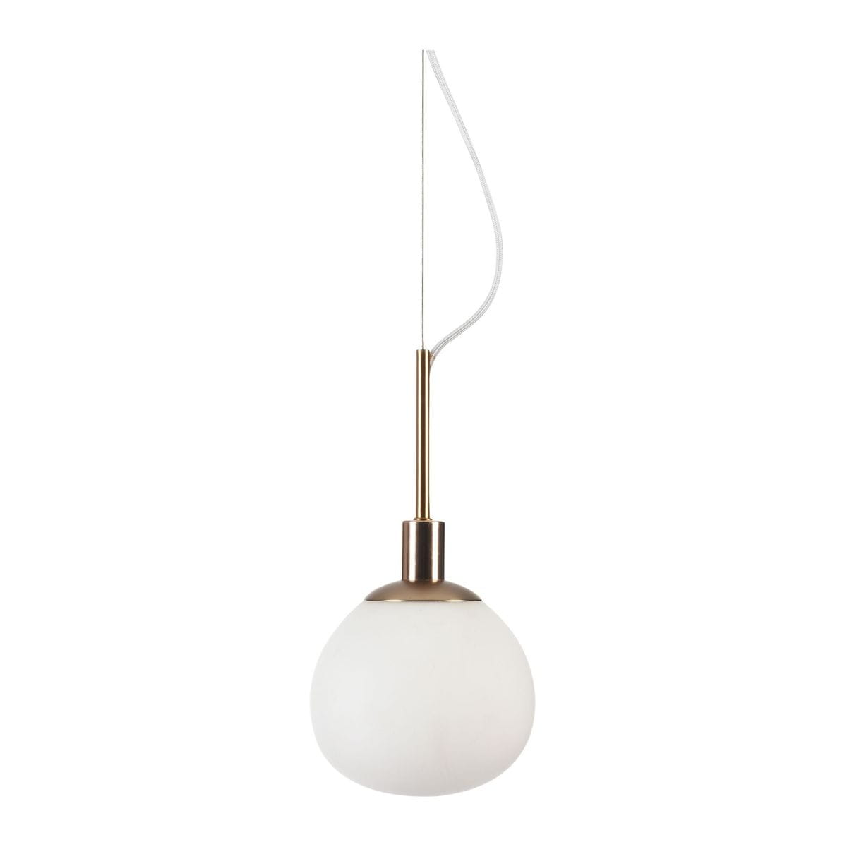 Lampa wisząca Erich 1-punktowa, z mosiężnym uchwytem i białym, okrągłym kloszem. Zawieszona na cienkim, białym przewodzie, prezentuje minimalistyczny design. Doskonała do nowoczesnych wnętrz, na jednolitym tle.