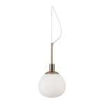 Lampa wisząca Erich 1-punktowa, z mosiężnym uchwytem i białym, okrągłym kloszem. Zawieszona na cienkim, białym przewodzie, prezentuje minimalistyczny design. Doskonała do nowoczesnych wnętrz, na jednolitym tle.