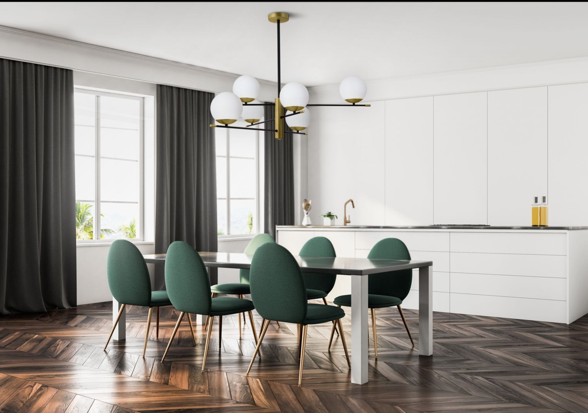 Lampa wisząca Nostalgia 6-punktowa w kolorze złotym, posiada sześć okrągłych, białych kloszy. Ujęcie frontalne, lampa zamontowana na suficie, w nowoczesnej kuchni z drewnianą podłogą i zielonymi krzesłami. Tło jasne, minimalistyczne.