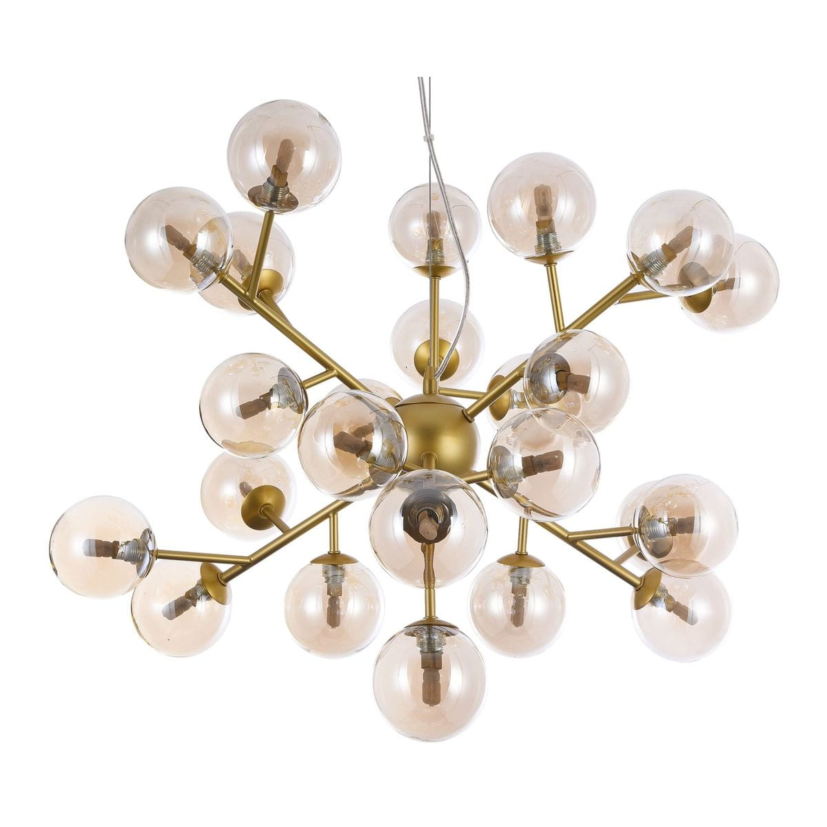 Lampa wisząca Dallas 24-punktowa w złotym kolorze, z przezroczystymi kulistymi kloszami. Klosze rozmieszczone na metalowych ramionach, montowana sufitowo. Elegancki design, idealna do nowoczesnych wnętrz.