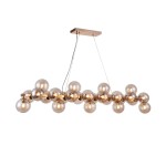 Lampa wisząca Dallas 25-punktowa z przezroczystymi kulami, zamontowana na złotej, prostokątnej podstawie. Zawieszona na cienkich linkach, prezentuje nowoczesny design i elegancki wygląd, idealna do różnych aranżacji wnętrz.