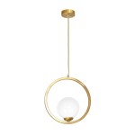 Lampa wisząca Vienna 1-punktowa MLP5573 w złotym kolorze z okrągłym metalowym ramieniem i białą, szklaną kulą. Ujęcie frontalne, zawieszona na cienkim przewodzie, idealna do nowoczesnych wnętrz.