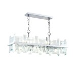 Lampa wisząca Cerezo 8-punktowa w kolorze chromu z przezroczystymi, prostokątnymi elementami kryształowymi. Ujęcie z boku, zawieszona na łańcuchu, z metalowym mocowaniem. Wymiary i detale strukturalne nieczytelne.