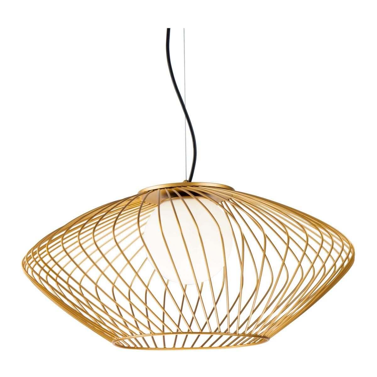 Lampa wisząca 1-punktowa w złotym kolorze, o delikatnej, siatkowej konstrukcji. Wyposażona w okrągłą, białą oprawę świetlną w centrum. Zawieszona na czarnym kablu, w kształcie stożka z szerokim dnem, idealna do nowoczesnych wnętrz.