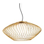 Lampa wisząca 1-punktowa w złotym kolorze, o delikatnej, siatkowej konstrukcji. Wyposażona w okrągłą, białą oprawę świetlną w centrum. Zawieszona na czarnym kablu, w kształcie stożka z szerokim dnem, idealna do nowoczesnych wnętrz.