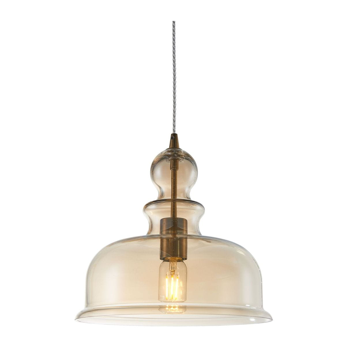 Brązowa lampa wisząca Tone z przezroczystym kloszem, zawieszona na metalowym kablu. Okrągły kształt klosza z lekko zwężającą się górą, z widoczną żarówką wewnątrz. Świetna do nowoczesnych aranżacji wnętrz.