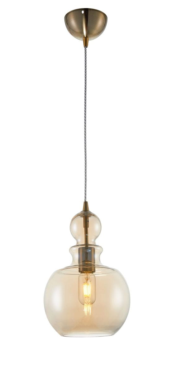 Brązowa lampa wisząca Tone z przezroczystym kloszem, zawieszona na cienkim, metalowym kablu. Klosz ma zaokrąglony kształt z dekoracyjnym elementem na górze, odsłaniając żarówkę. Montaż sufitowy, w prostym, neutralnym otoczeniu.