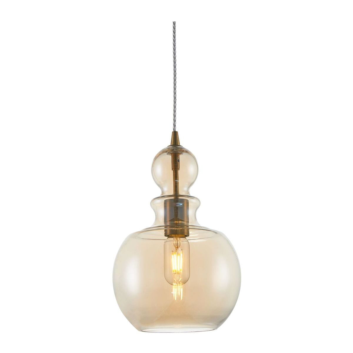 Lampa wisząca Tone 1-punktowa w brązowej kolorystyce. Szklany klosz o zaokrąglonym kształcie z dekoracyjnym detalem u góry. Zawieszona na cienkim przewodzie, z widoczną żarówką wewnątrz. Prosta forma, odpowiednia do nowoczesnych wnętrz.