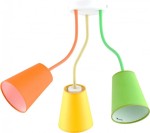 Lampa wisząca 3-punktowa w kolorach: pomarańczowym, żółtym i zielonym. Klosze mają kształt stożka, a przewody są w różnych kolorach. Produkt zamontowany do białego sufitu, widok od dołu. Idealny do nowoczesnych wnętrz.