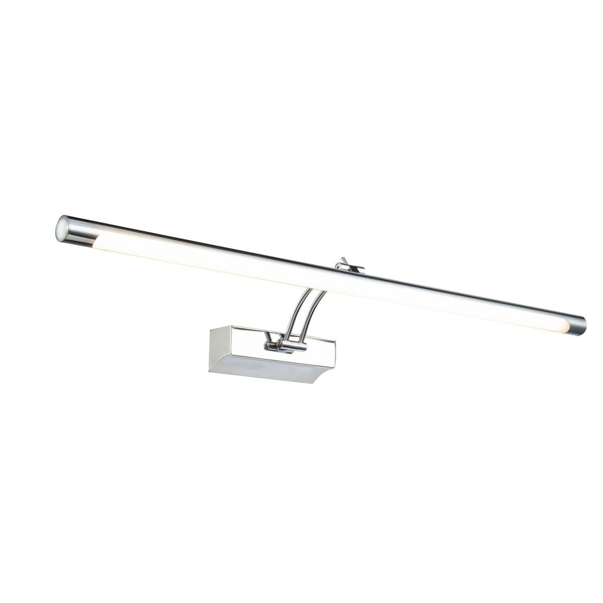 Kinkiet Fino LED 1-punktowy w kolorze chromu z prostokątną podstawą i długim, smukłym źródłem światła. Ujęcie z boku, produkt zamontowany na ścianie, z białym tłem, co podkreśla jego nowoczesny design.