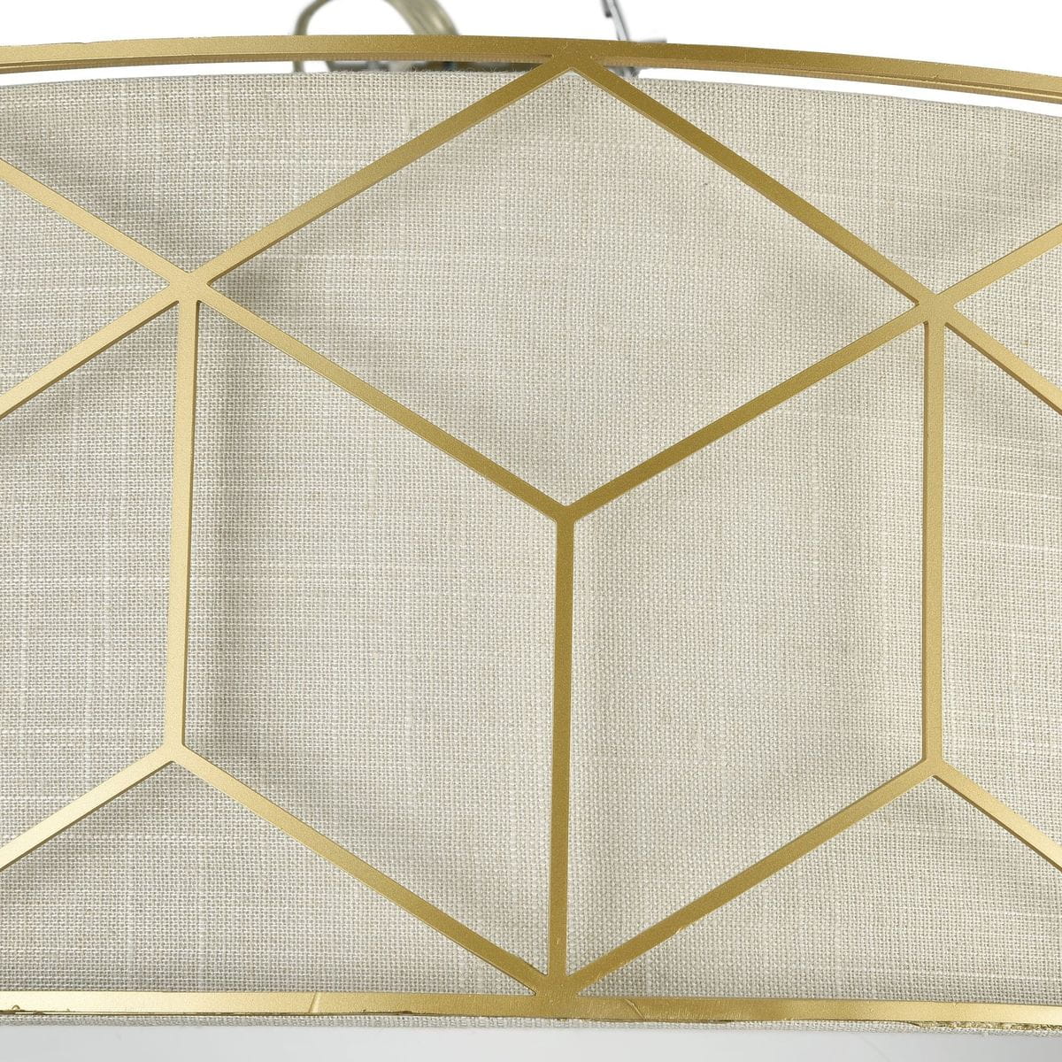 Lampa sufitowa Messina 5-punktowa w kolorze złotym i beżowym. Okrągła, z geometrycznym wzorem na tkaninie. Widoczna struktura materiału oraz złote akcenty, montowana sufitowo. Detal zbliżony na klosz.