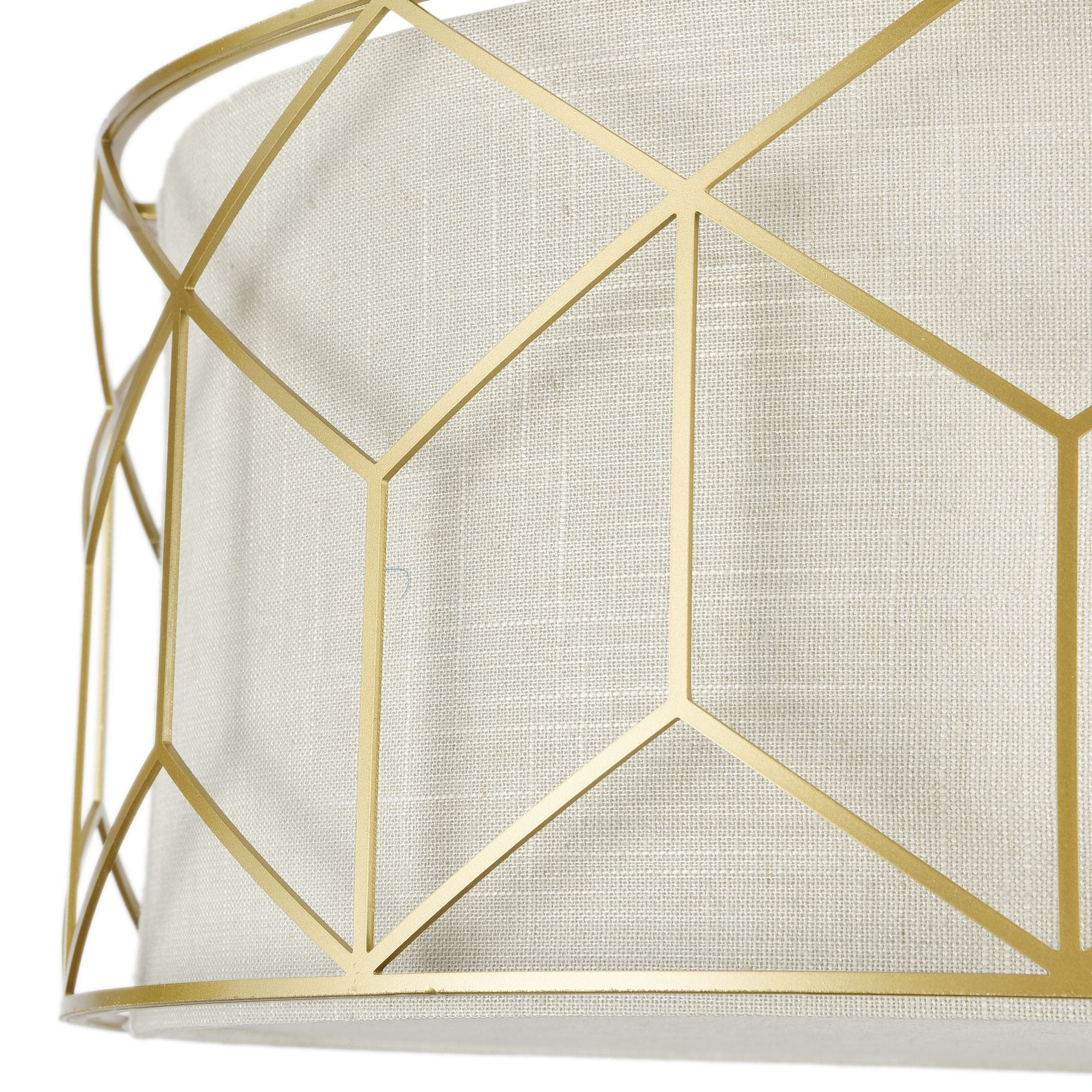 Lampa sufitowa Messina 3-punktowa H223-PL-03-G z geometrycznym, złotym metalowym stelażem oraz białym, teksturowanym abażurem. Ujęcie z góry, ukazujące detale konstrukcji i fakturę materiału. Idealna do nowoczesnych wnętrz.