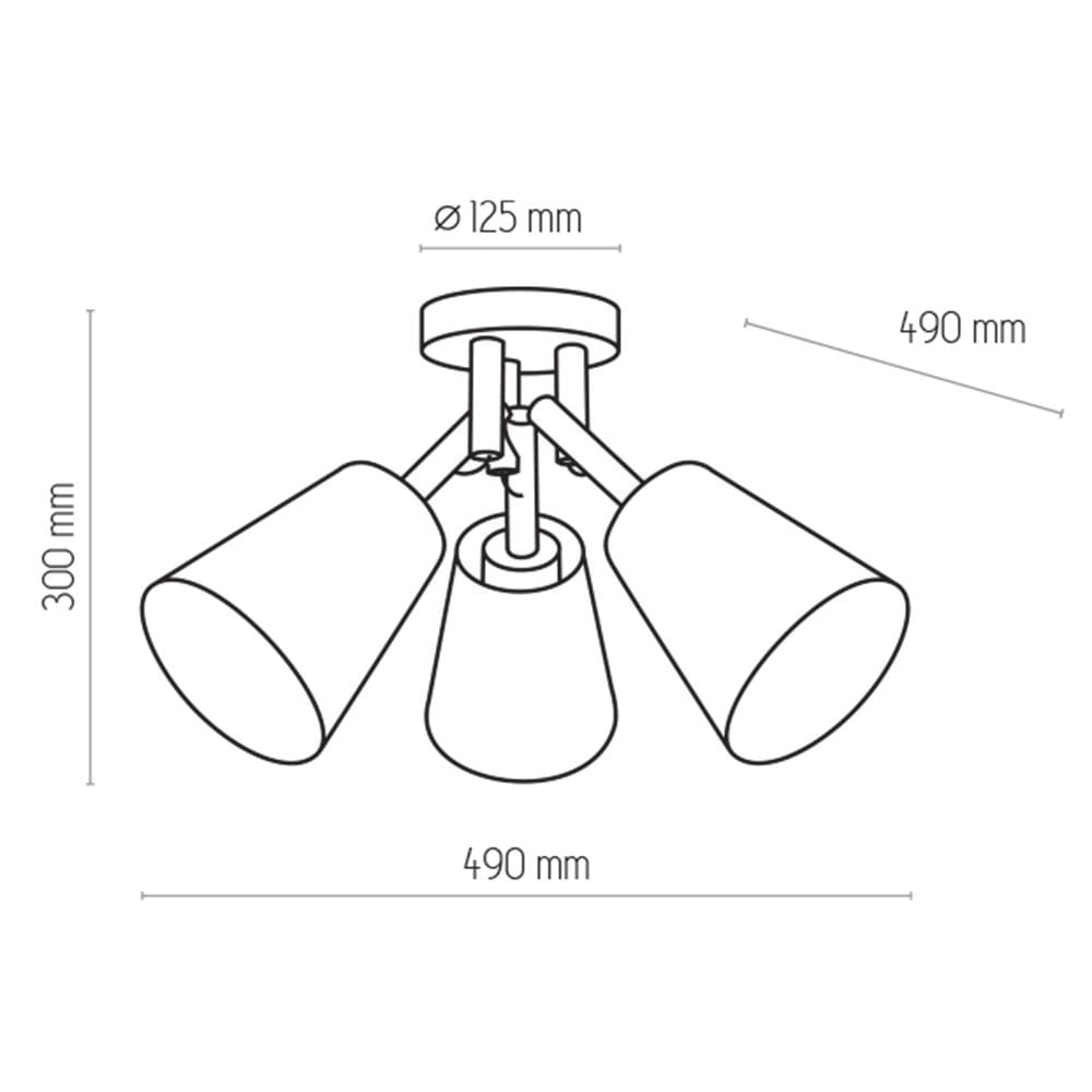 Lampa sufitowa Vaio 3-punktowa w kolorze białym, z trzema kloszami o średnicy 125 mm. Wymiary: 490 mm szerokości, 300 mm wysokości. Elementy mocujące i konstrukcja metalowa, minimalistyczny design.