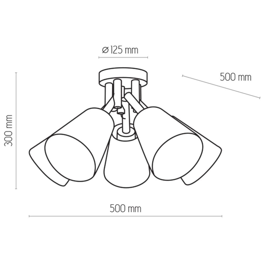 Vaio lampa sufitowa 5-punktowa w kolorze białym, o średnicy kloszy 125 mm i wysokości 300 mm. Lampa ma pięć ruchomych kloszy, zamontowanych na centralnym stelażu, z równomiernym rozkładem światła. Wymiary całości to 500 mm.