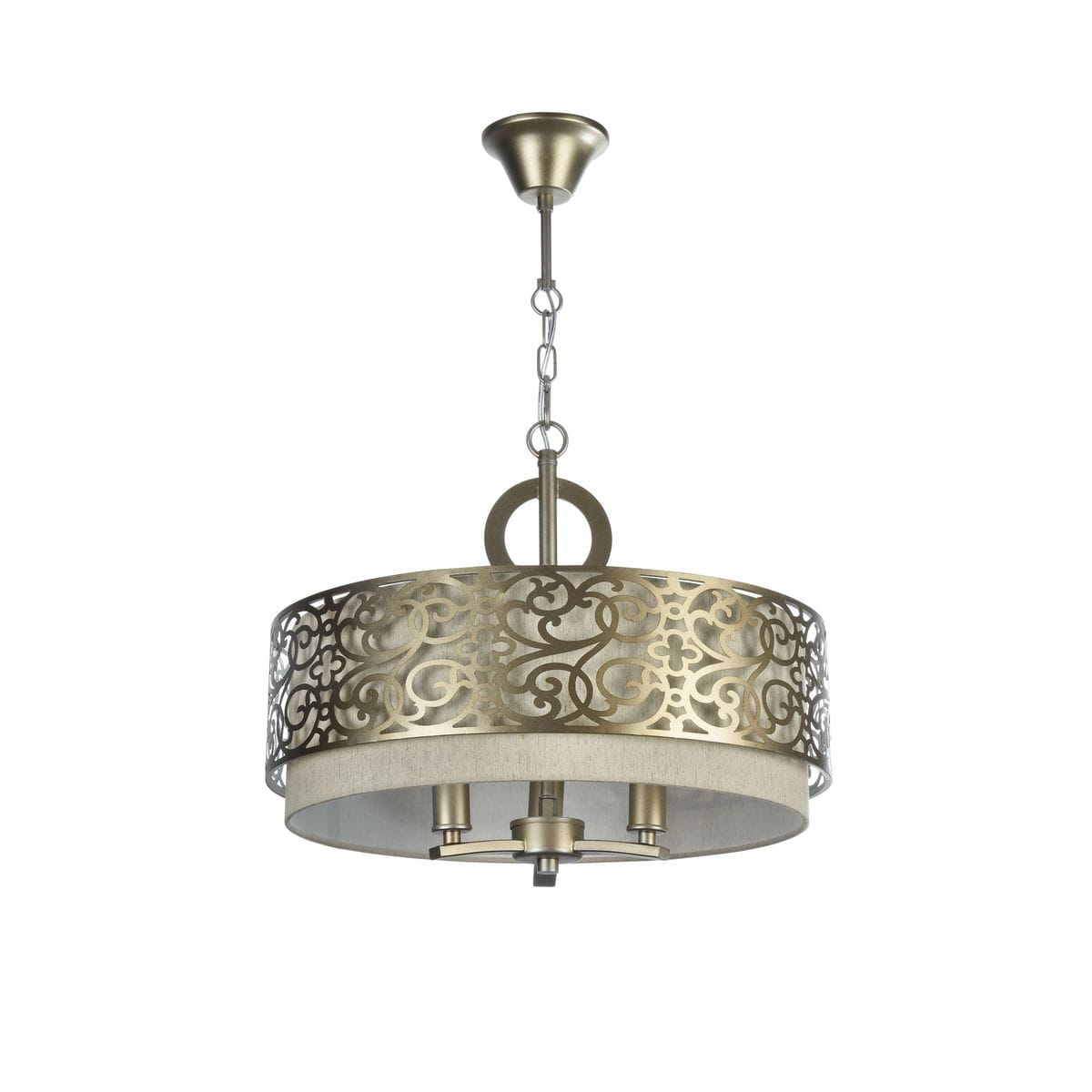 Lampa wisząca Venera 3-punktowa z okrągłym kloszem w kolorze mosiądzu, ozdobiona ażurowym wzorem. Zawieszona na metalowym łańcuchu, z trzema źródłami światła w centralnej części. Zawieszenie w stylu klasycznym.